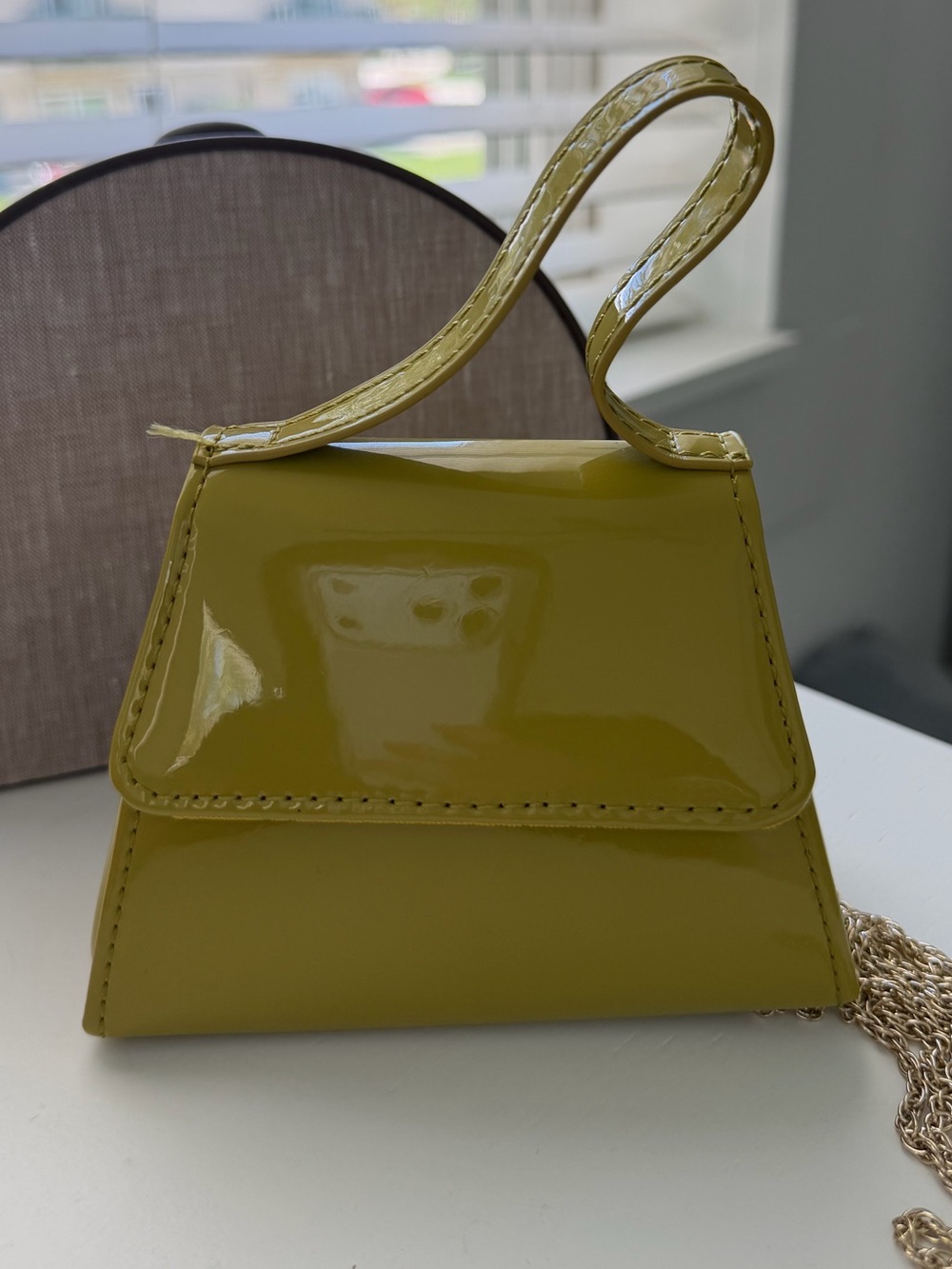 Urban Outfitters Olive Patent Mini Top-Handle Bag